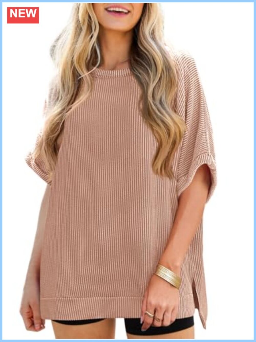 Women's Oversized Dolman Sleeve Ribbed Knit Tunic Tee Loose Fit Summer